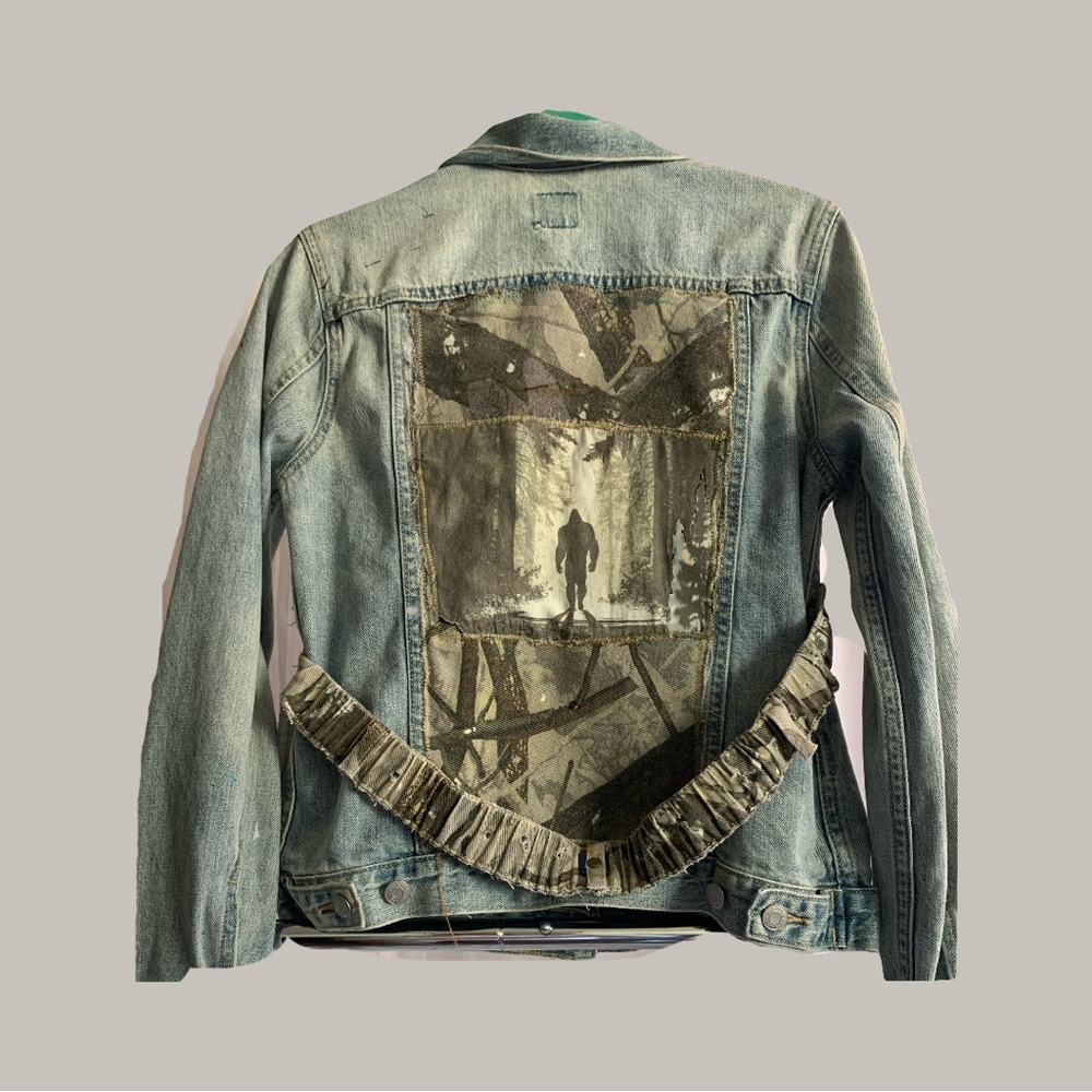 Upcycled Stylish Blue Jean Jacket Upcycled with Artistic Bigfoot Back Design